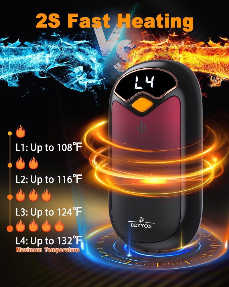 BEYYON B Hand Warmers Rechargeable - Electric Hand Warmer Rechargeable 2 Pack, LED Digital Display, 4 Heat Levels Reusable, USB, Magnetic Portable Handwarmers for Golf/Camping/Hunting, Gift for Women, Men - Image 2